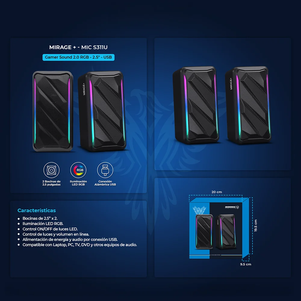 Parlantes Gamer 2.0 Micronics Mirage+ MIC S311U RGB 2.5" Conexión USB