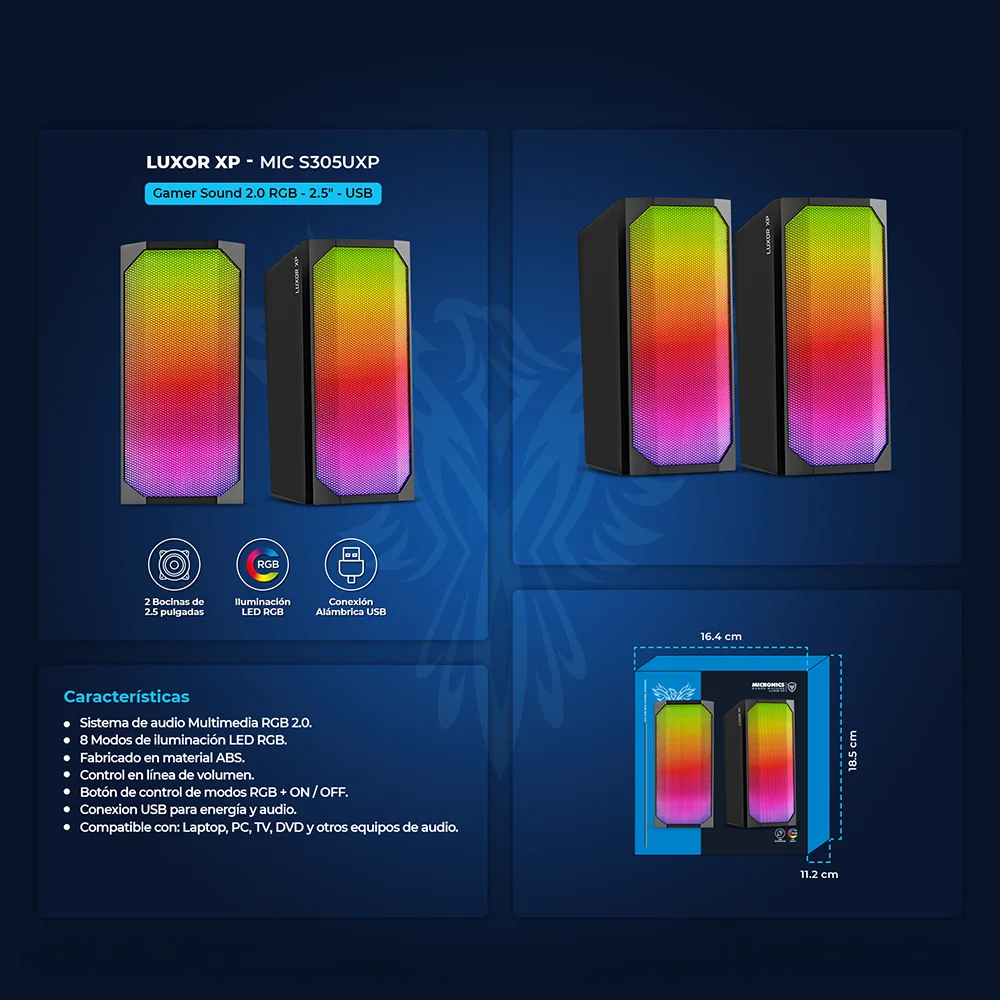 Parlantes Gamer 2.0 Micronics Luxor XP MIC S305UXP RGB 8 Modos Conexión USB
