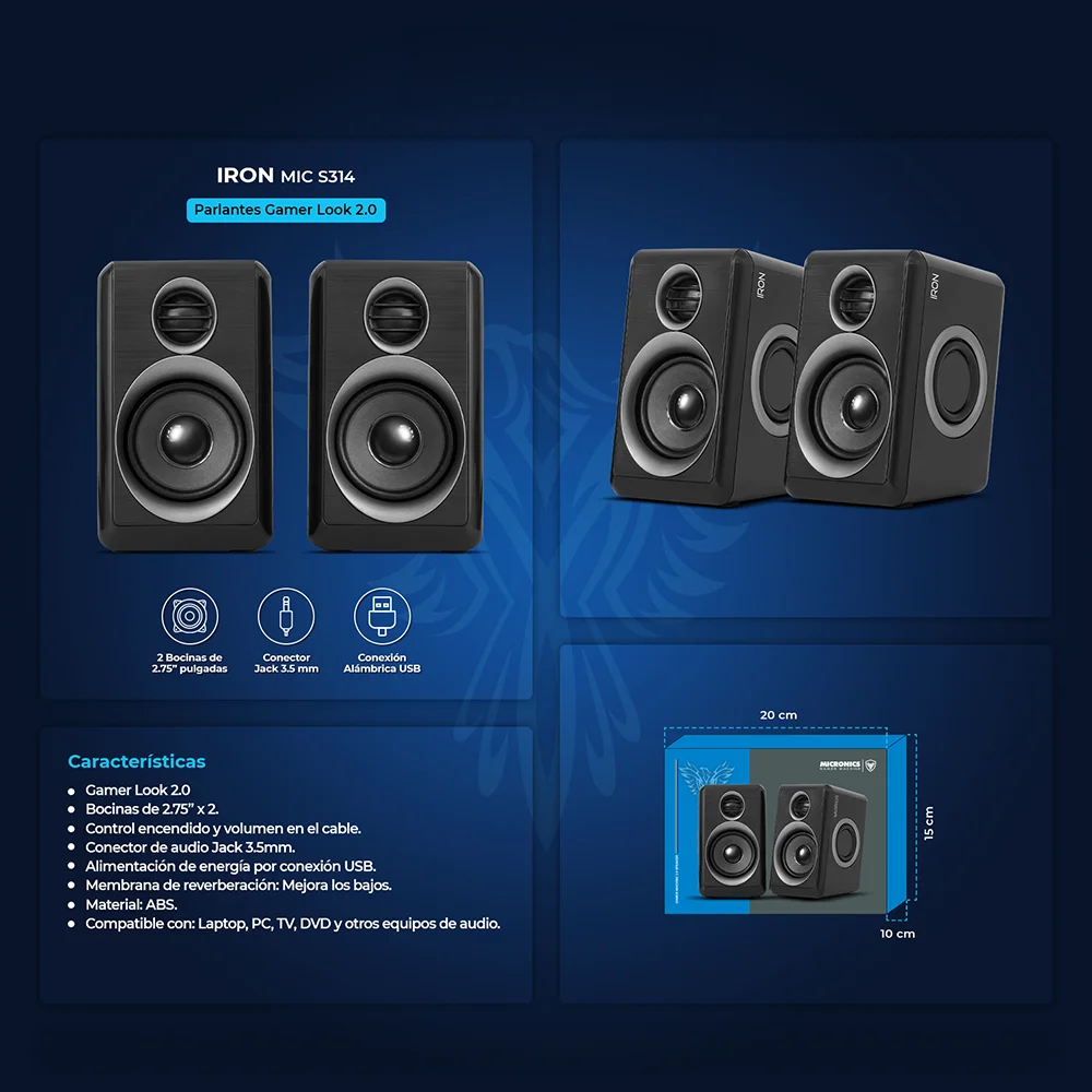Parlantes Gamer 2.0 Micronics Iron MIC S314 2.75" con Bajos Reforzados Jack 3.5mm USB