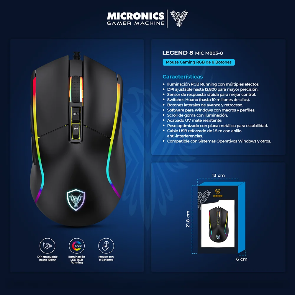 Mouse Gamer Micronics Legend 8 MIC M803-8 RGB 12800 DPI 8 Botones con Cable USB