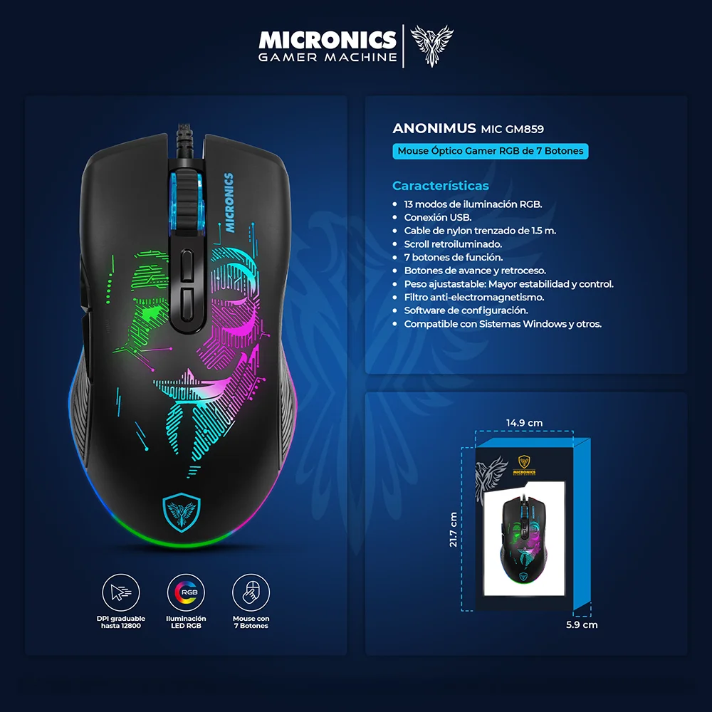 Mouse Gamer Micronics Anonimus MIC GM859 RGB 12800 DPI 7 Botones USB