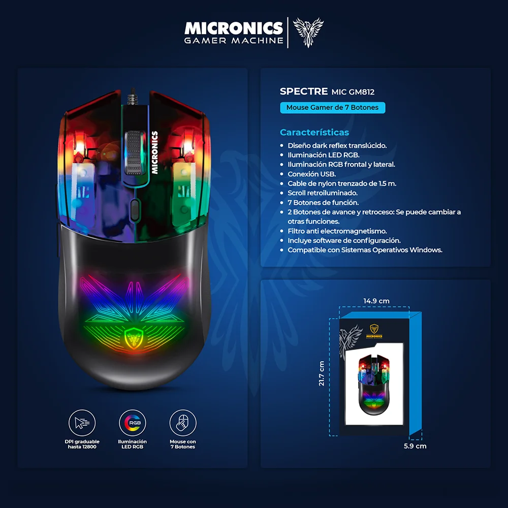 Mouse Gamer Micronics Spectre MIC GM812 RGB 12800 DPI 7 Botones Dark Reflex USB