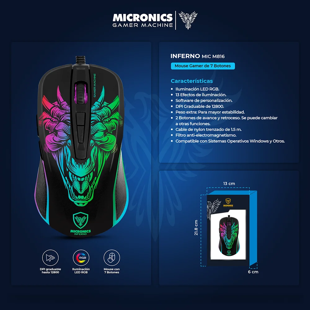 Mouse Gamer Micronics Inferno MIC M816 RGB 12800 DPI 7 Botones con Cable USB
