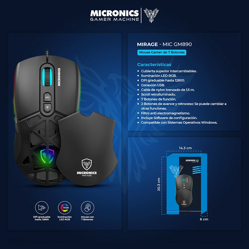 Mouse Gamer Micronics Mirage MIC GM890 RGB 12800 DPI 7 Botones Cubierta Intercambiable USB