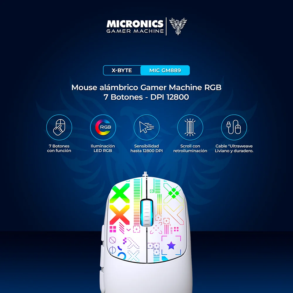 Mouse Gamer Micronics X-Byte MIC GM889 RGB 12800 DPI 7 Botones Cable Ultraweave USB