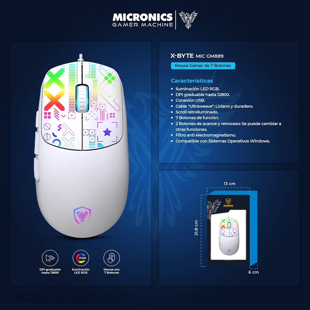 Mouse Gamer Micronics X-Byte MIC GM889 RGB 12800 DPI 7 Botones Cable Ultraweave USB