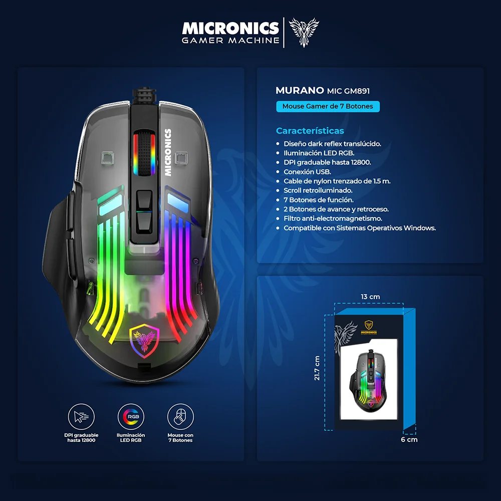 Mouse Gamer Micronics Murano MIC GM891 RGB 12800 DPI 7 Botones Dark Reflex USB