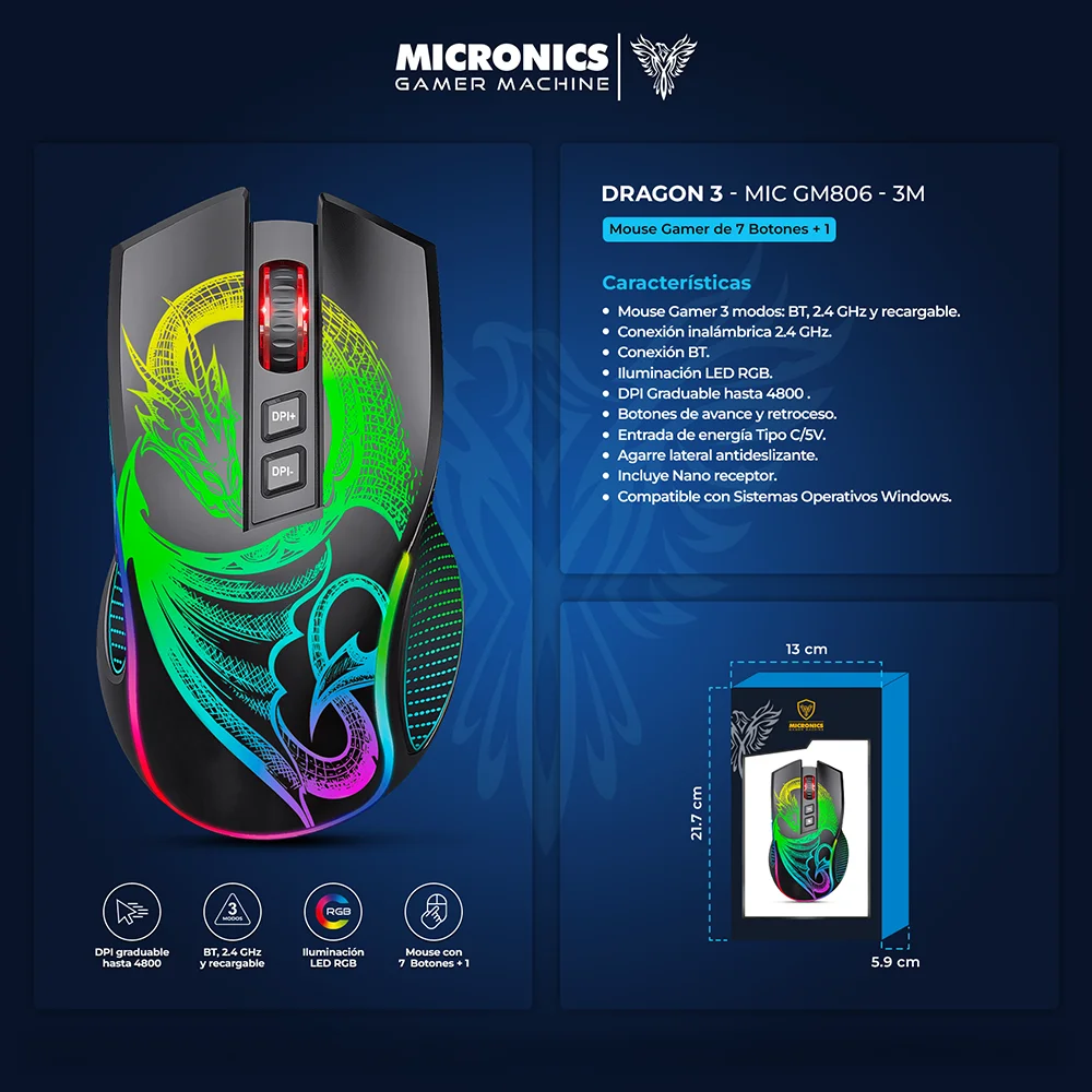 Mouse Gamer Inalámbrico Micronics Dragon 3 MIC GM806-3M Bluetooth 2.4GHz Recargable RGB
