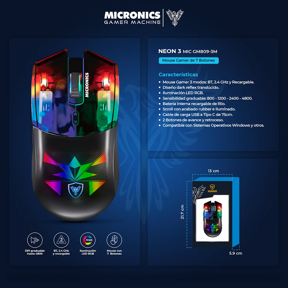 Mouse Gamer Inalámbrico Micronics Neon 3 MIC GM809-3M Bluetooth 2.4GHz Recargable RGB