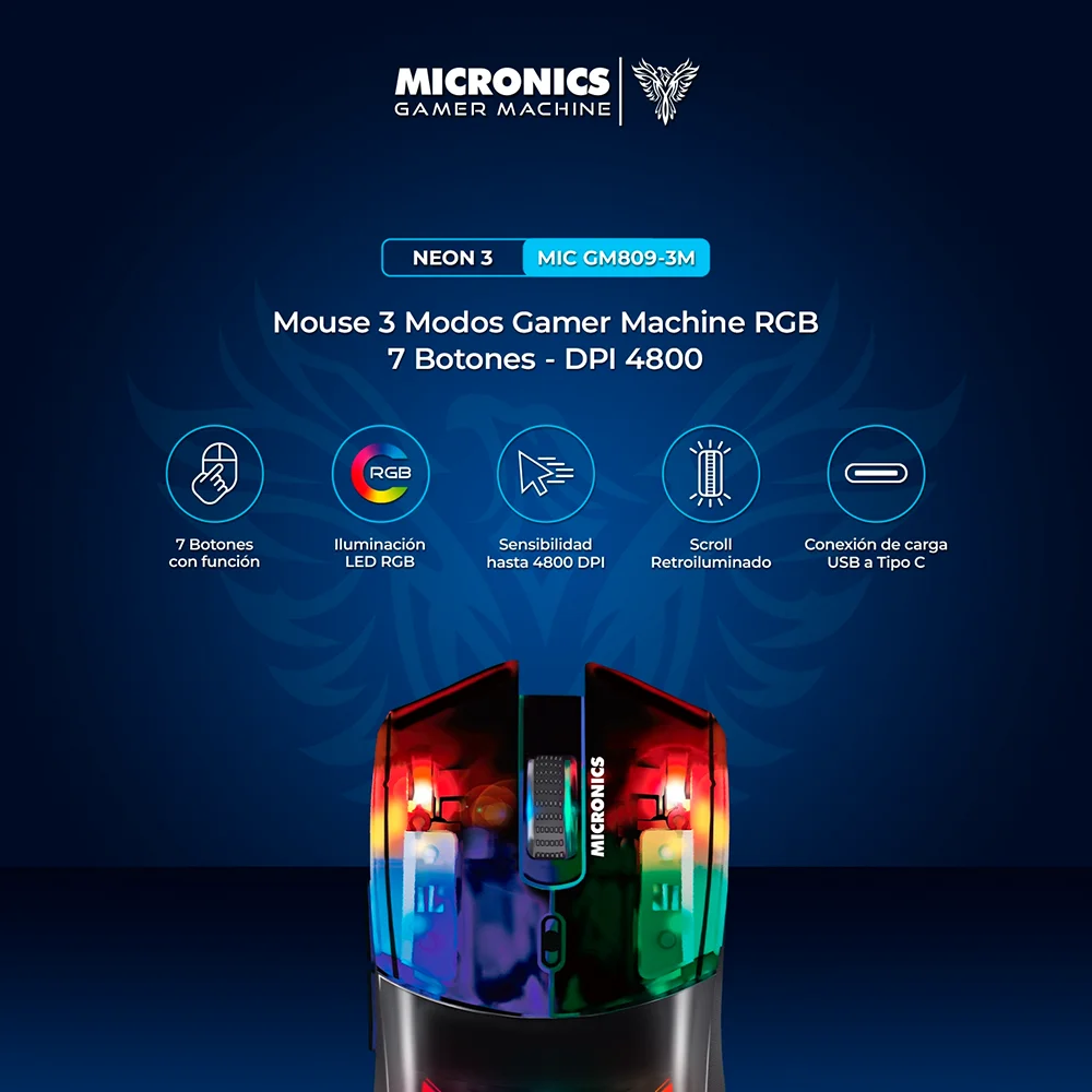 Mouse Gamer Inalámbrico Micronics Neon 3 MIC GM809-3M Bluetooth 2.4GHz Recargable RGB