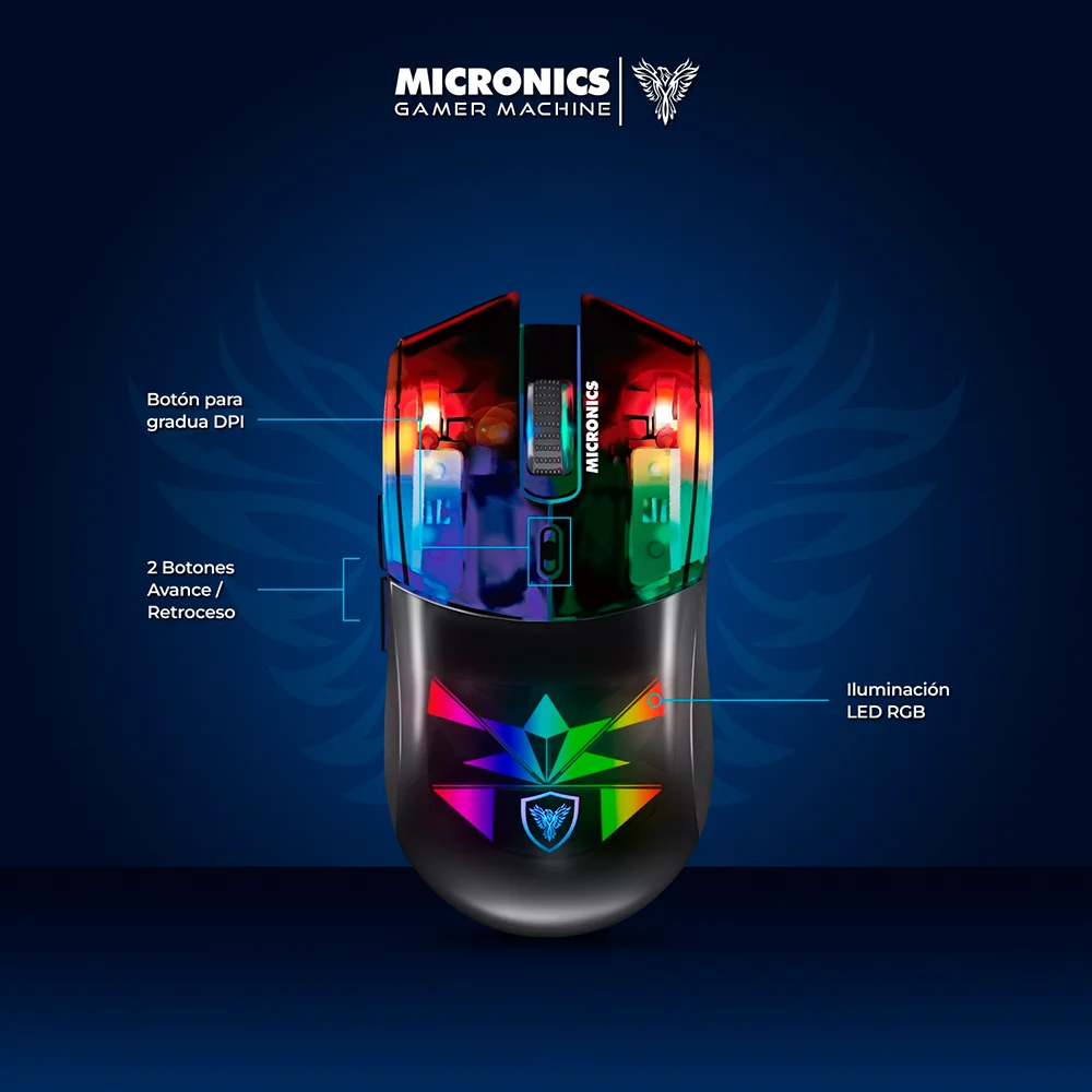 Mouse Gamer Inalámbrico Micronics Neon 3 MIC GM809-3M Bluetooth 2.4GHz Recargable RGB
