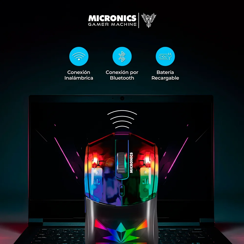 Mouse Gamer Inalámbrico Micronics Neon 3 MIC GM809-3M Bluetooth 2.4GHz Recargable RGB