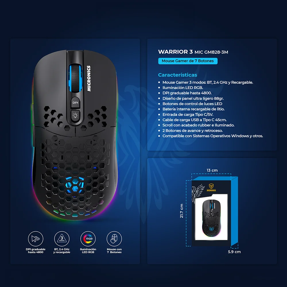 Mouse Gamer Inalámbrico Micronics Warrior 3 MIC GM828-3M Bluetooth 2.4GHz Recargable RGB