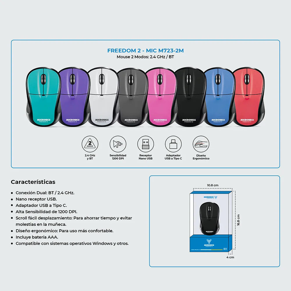 Mouse Inalámbrico Micronics Freedom 2 MIC M723-2M Conexión Dual Bluetooth 2.4GHz 1200 DPI