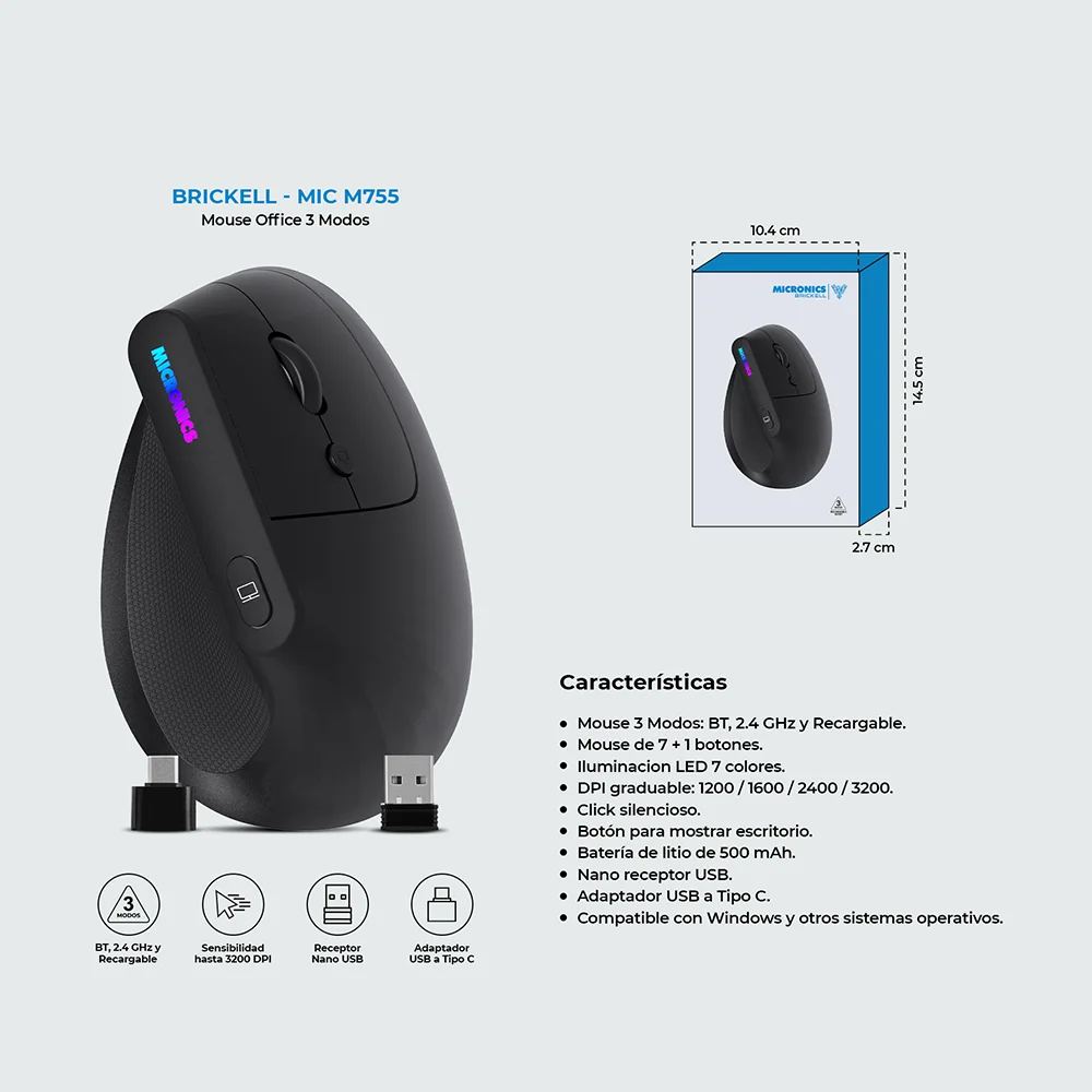 Mouse Inalámbrico Micronics Brickell MIC M755 Bluetooth 2.4GHz Recargable Clic Silencioso 3200 DPI