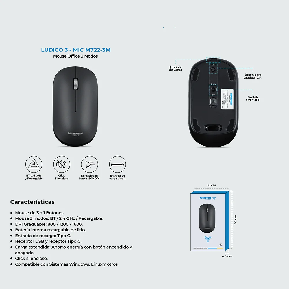 Mouse Inalámbrico Micronics Ludico 3 MIC M722-3M Bluetooth 2.4GHz Recargable Clic Silencioso