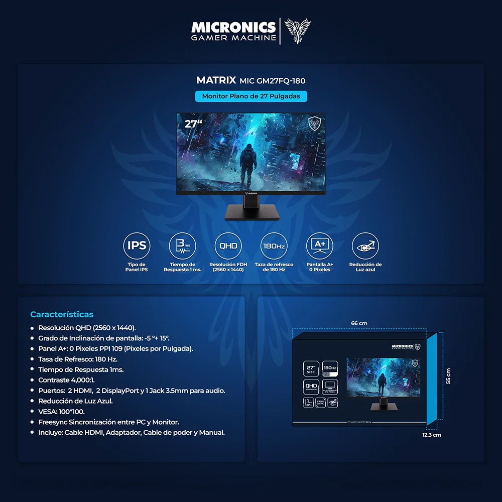 Monitor Gamer Micronics Matrix MIC GM27FQ-180 27" IPS QHD 2560x1440 180Hz 1ms FreeSync