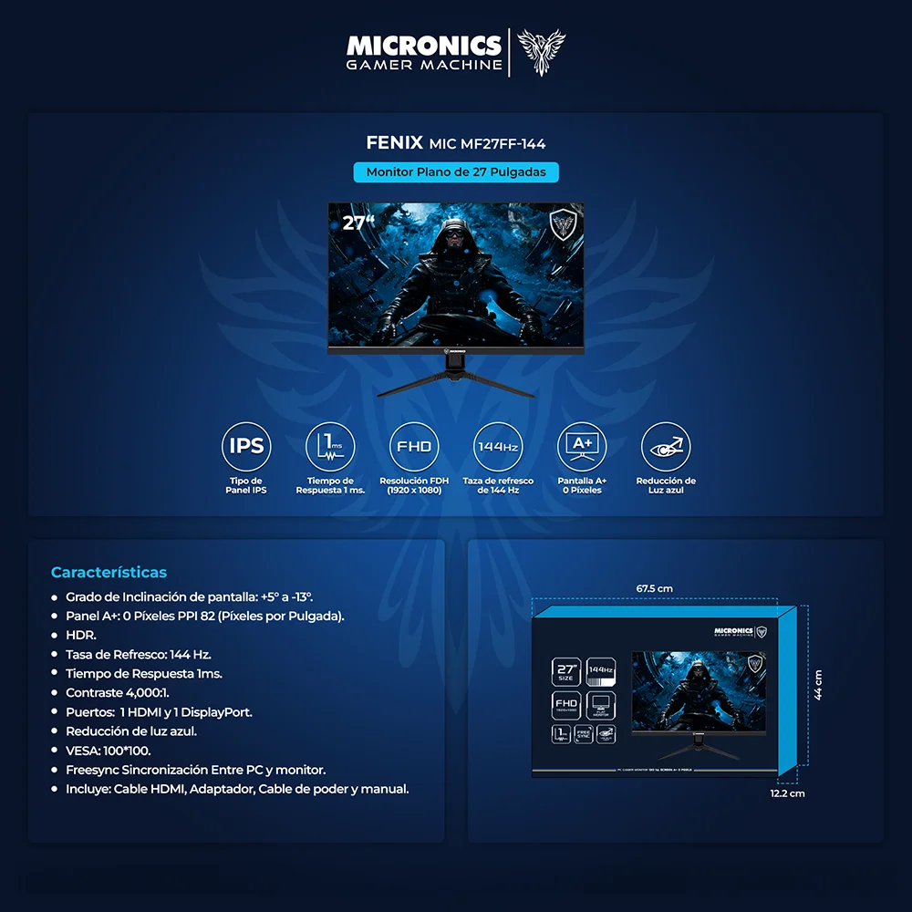 Monitor Gamer Micronics Fenix MIC MF27FF-144 27" IPS FHD 1920x1080 144Hz 1ms HDR FreeSync