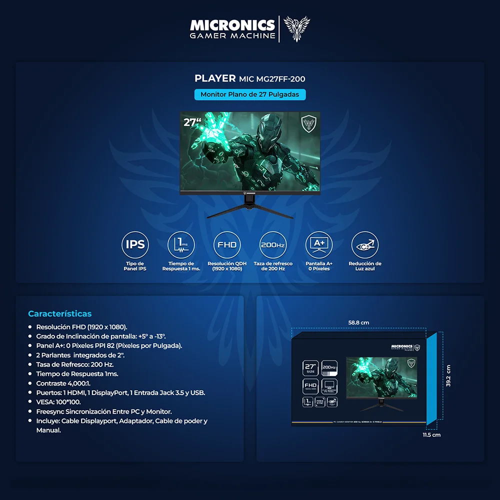 Monitor Gamer Micronics Player MIC MG27FF-200 27" IPS FHD 1920x1080 200Hz 1ms Parlantes