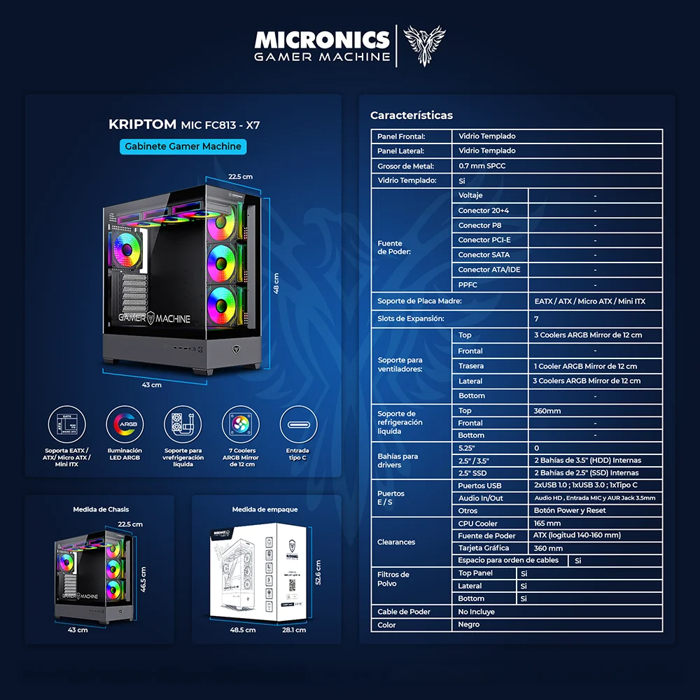 Gabinete Gamer Micronics Kriptom MIC FC813 X7 E-ATX 7 Fans ARGB Doble Vidrio Templado Negro
