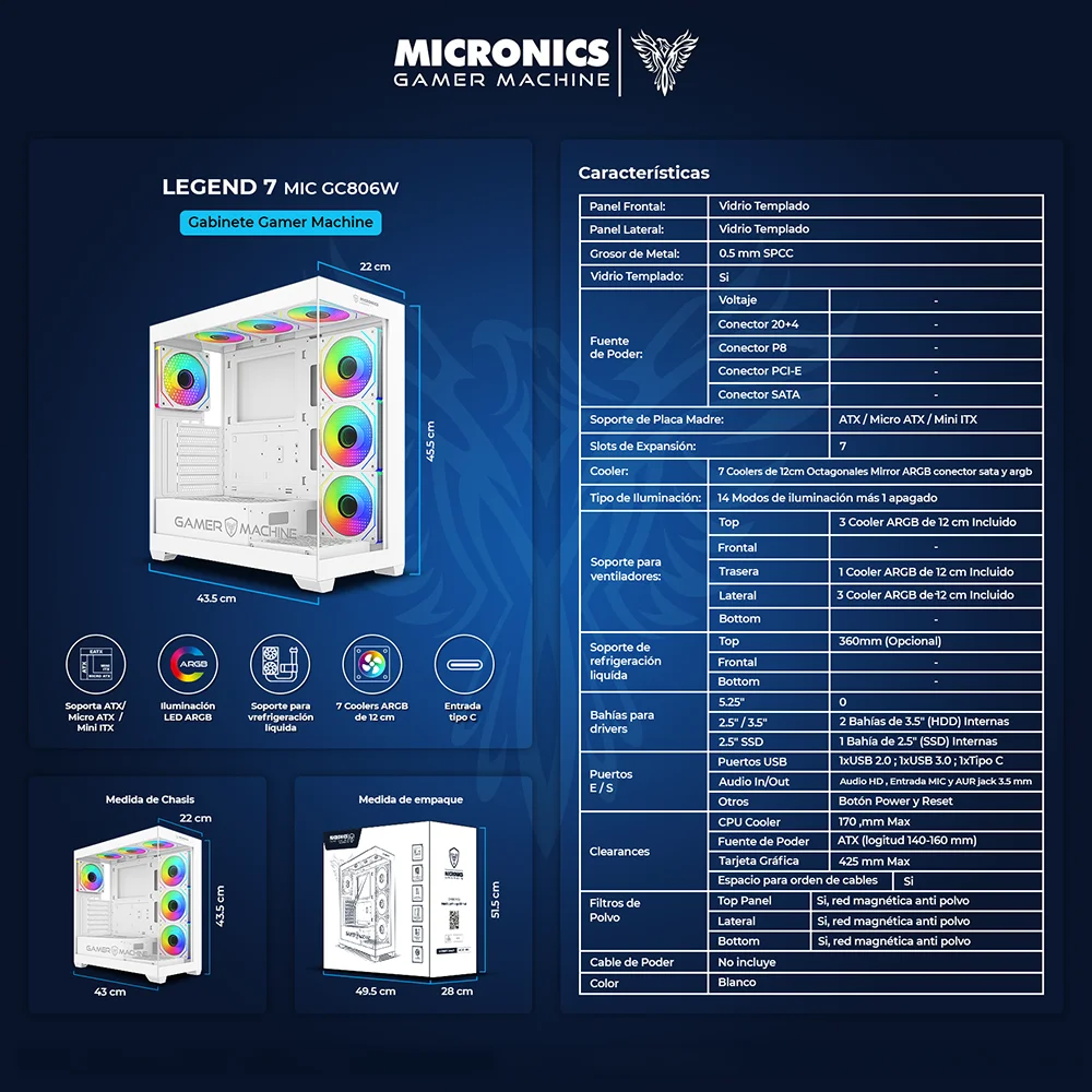Gabinete Gamer Micronics Legend 7 MIC GC806W ATX 7 Fans ARGB Doble Vidrio Templado Blanco