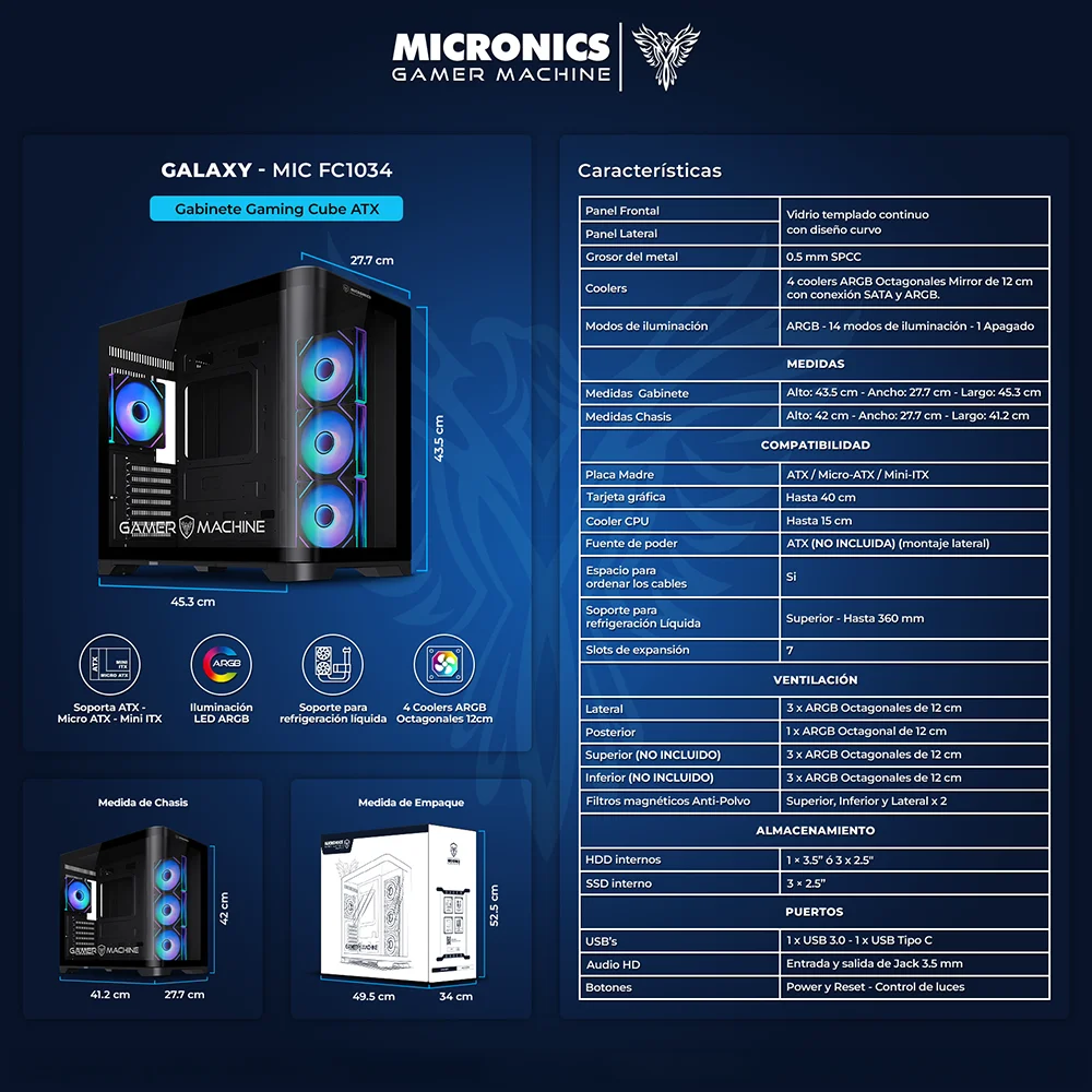 Gabinete Gamer Micronics Galaxy MIC FC1034 Cube ATX Vidrio Curvo 4 Fans ARGB Negro