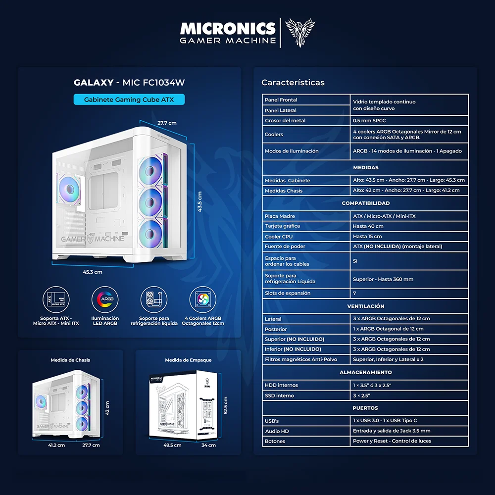 Gabinete Gamer Micronics Galaxy MIC FC1034W Cube ATX Vidrio Curvo 4 Fans ARGB Blanco