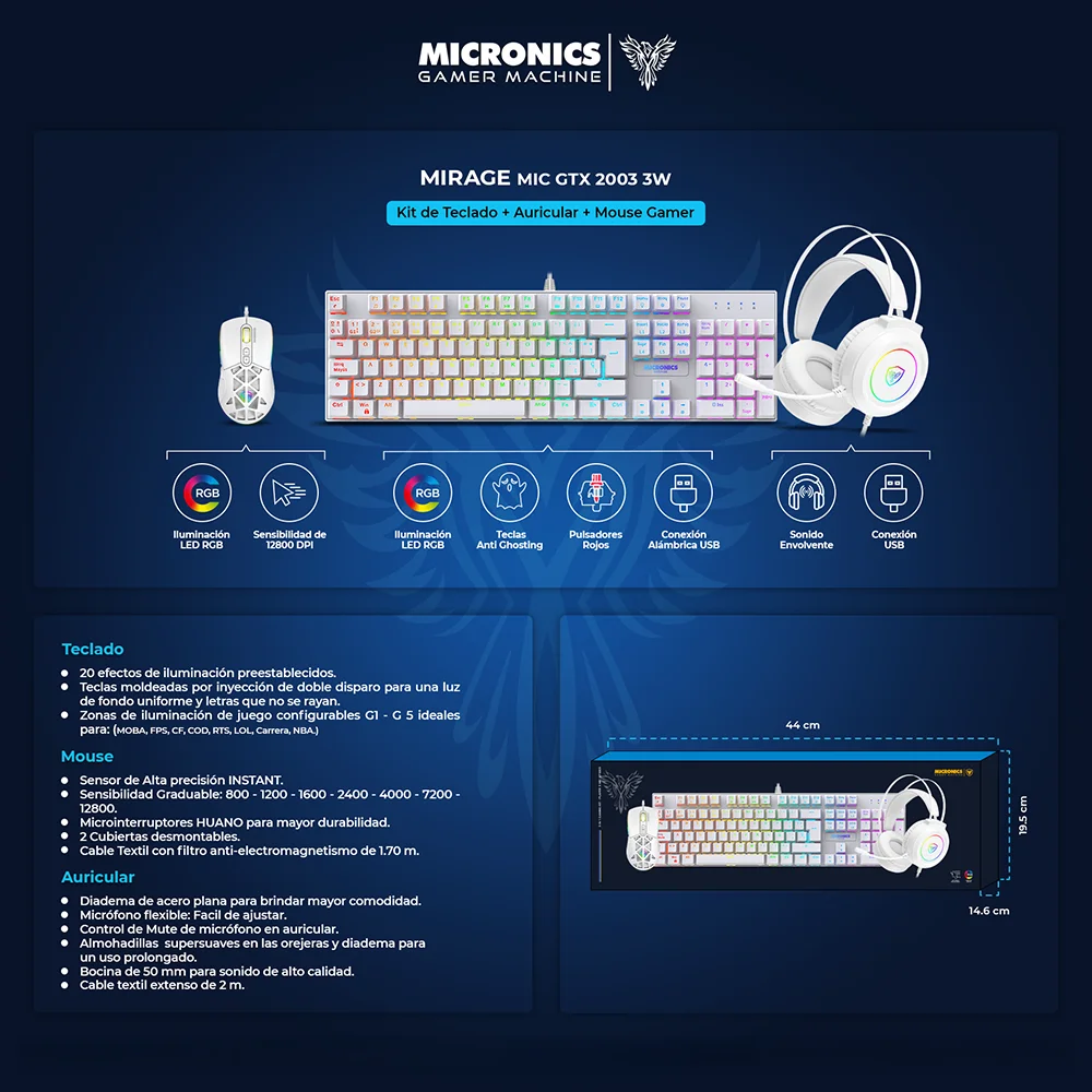 Kit Gamer 3 en 1 Micronics Mirage MIC GTX 2003 3W Teclado Mecánico Red Mouse 12800 DPI Auricular Blanco
