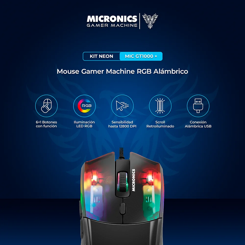 Kit Gamer 2 en 1 Micronics Neon MIC GT1000+ Teclado Rainbow Anti-Ghosting Mouse RGB 7200 DPI