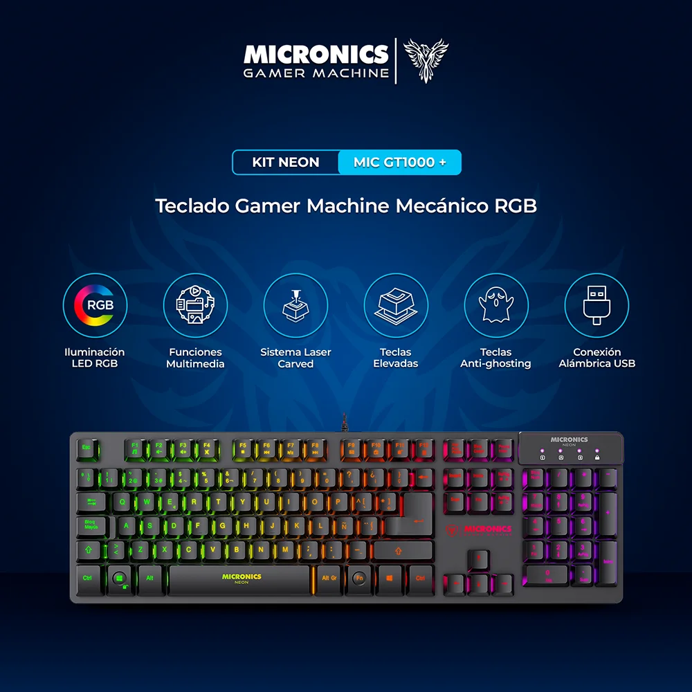 Kit Gamer 2 en 1 Micronics Neon MIC GT1000+ Teclado Rainbow Anti-Ghosting Mouse RGB 7200 DPI