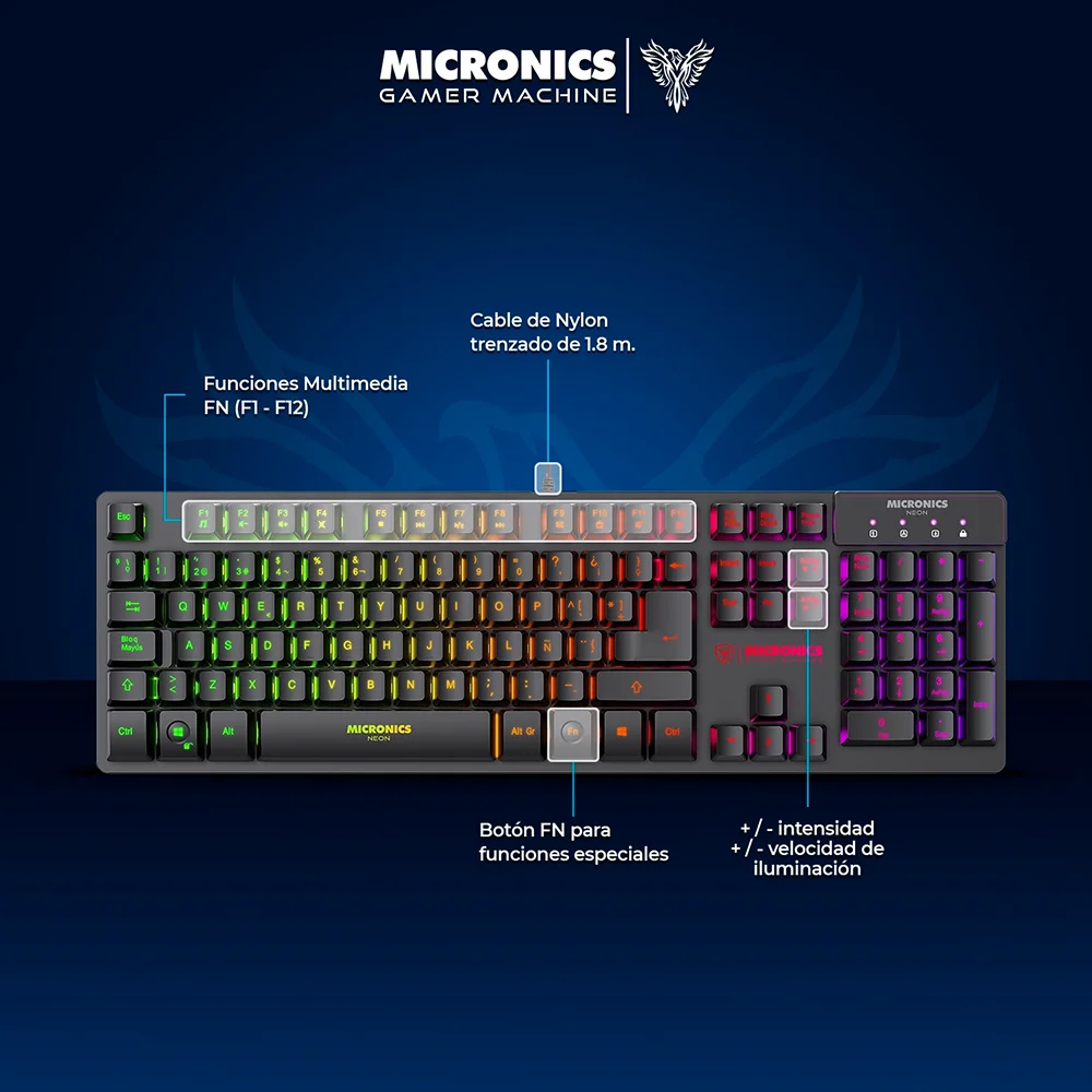 Kit Gamer 2 en 1 Micronics Neon MIC GT1000+ Teclado Rainbow Anti-Ghosting Mouse RGB 7200 DPI