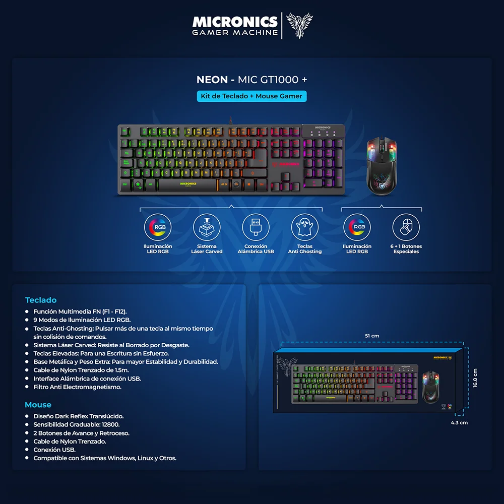 Kit Gamer 2 en 1 Micronics Neon MIC GT1000+ Teclado Rainbow Anti-Ghosting Mouse RGB 7200 DPI