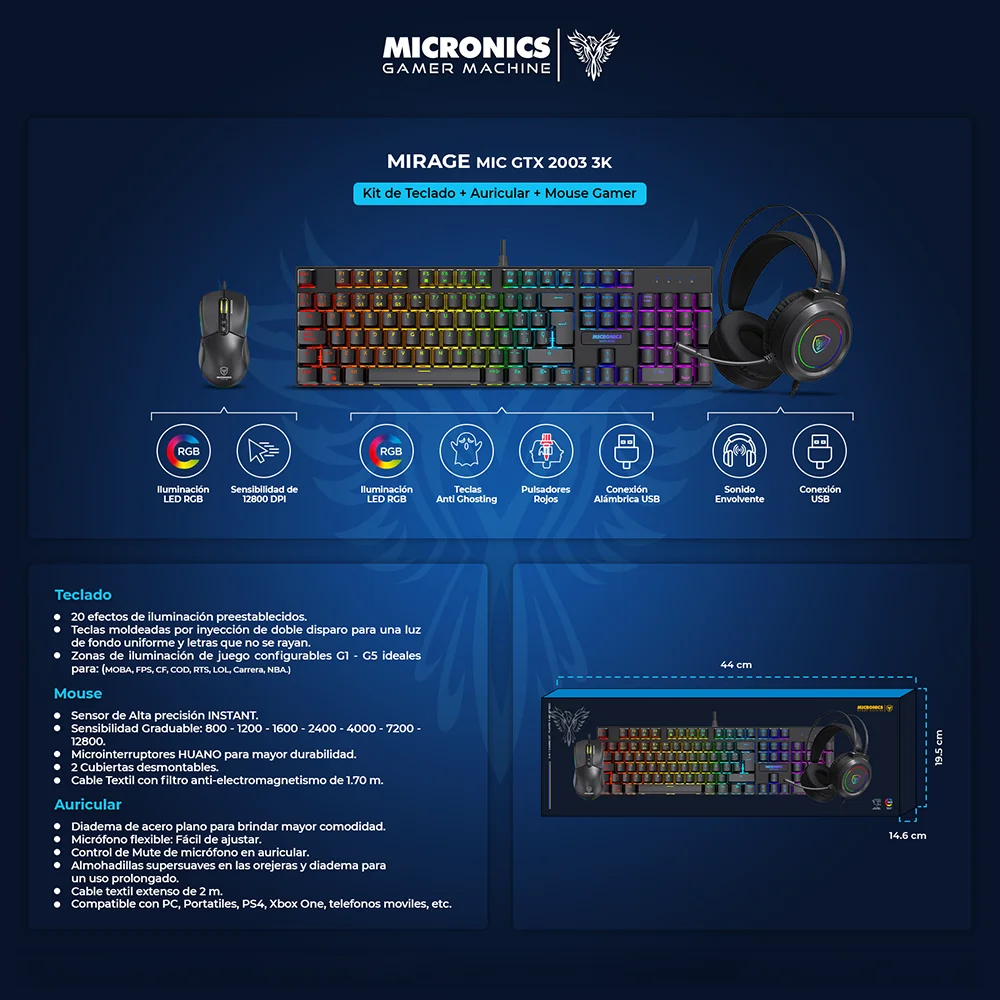Kit Gamer 3 en 1 Micronics Mirage MIC GTX 2003 3K Teclado Mecánico Red Mouse 12800 DPI Auricular Negro