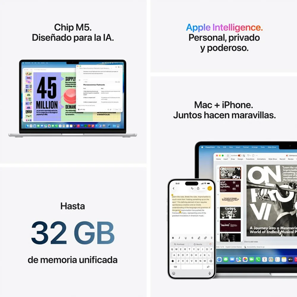 Laptop Apple MacBook Air 15.3" Liquid Retina (Chip M5 CPU 10c, GPU 10c, 16GB, 1TB SSD, macOS) - Plata (MDVA4E/A)