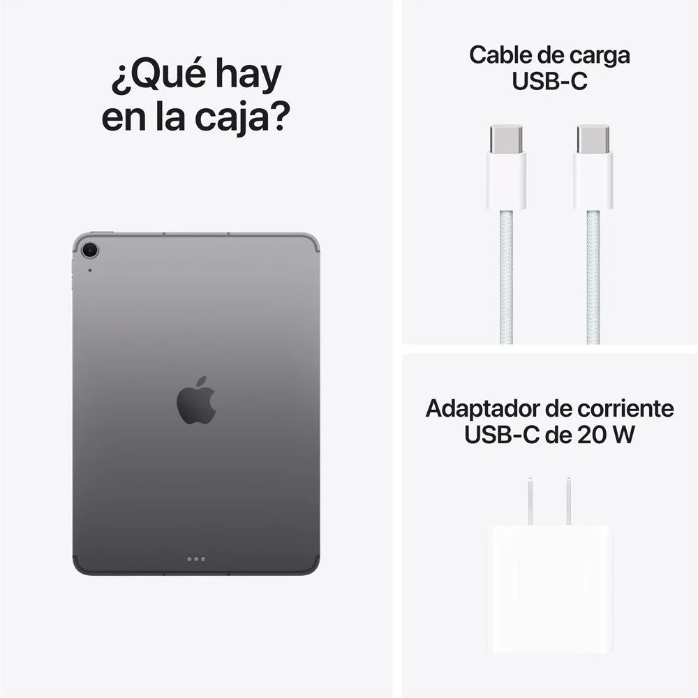 Tablet Apple iPad Air de 11" Liquid Retina con chip M4, 12GB RAM, 128GB, Wi-Fi y datos móviles 5G en acabado gris espacial.
