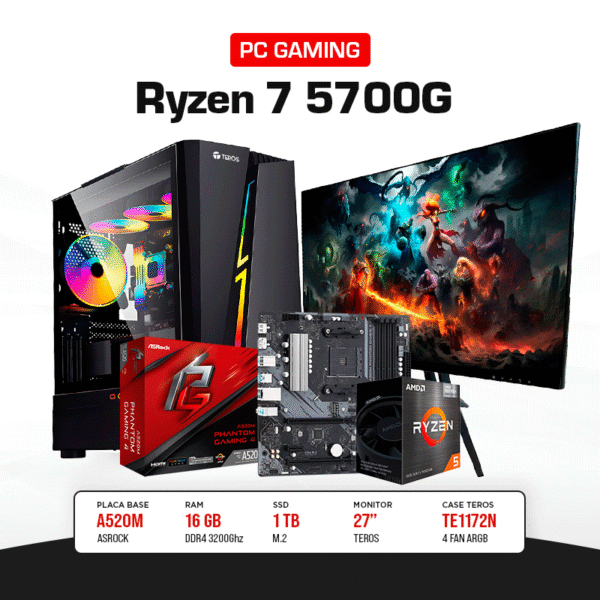 PC Gaming Ryzen 7 5700G | RAM 16GB DDR4 | 1TB SSD | Monitor TEROS 27" 165Hz IPS